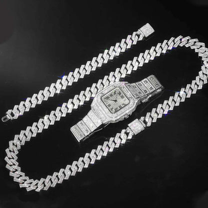 Gold Color Watch Hip Hop Miami Curb Cuban Chain Iced Out Paved Rhinestones Bling Rapper Necklace+Watch+Bracelet Jewelry For Men - NawdeX