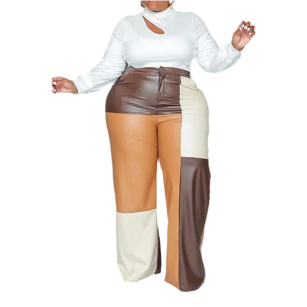 Plus Size Brown Tunic Patchwork Leather Two Piece Pant Suit