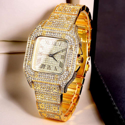 Gold Color Watch Hip Hop Miami Curb Cuban Chain Iced Out Paved Rhinestones Bling Rapper Necklace+Watch+Bracelet Jewelry For Men - NawdeX