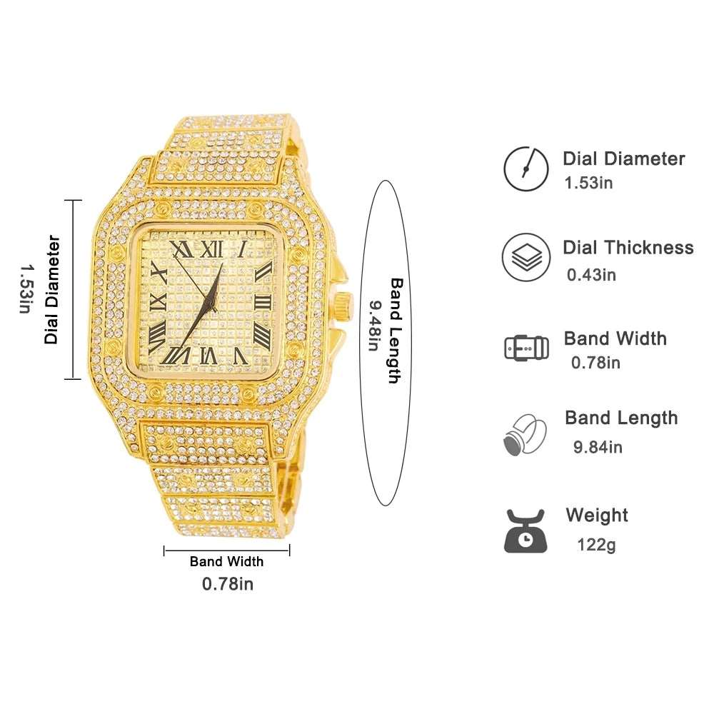 Gold Color Watch Hip Hop Miami Curb Cuban Chain Iced Out Paved Rhinestones Bling Rapper Necklace+Watch+Bracelet Jewelry For Men - NawdeX