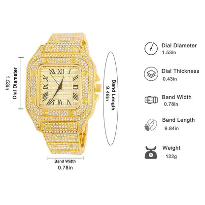 Gold Color Watch Hip Hop Miami Curb Cuban Chain Iced Out Paved Rhinestones Bling Rapper Necklace+Watch+Bracelet Jewelry For Men - NawdeX