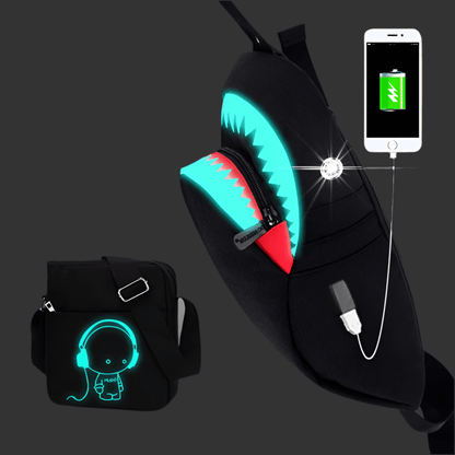 Men Anti Theft USB Rechargeable Luminous Shark Crossbody Bag