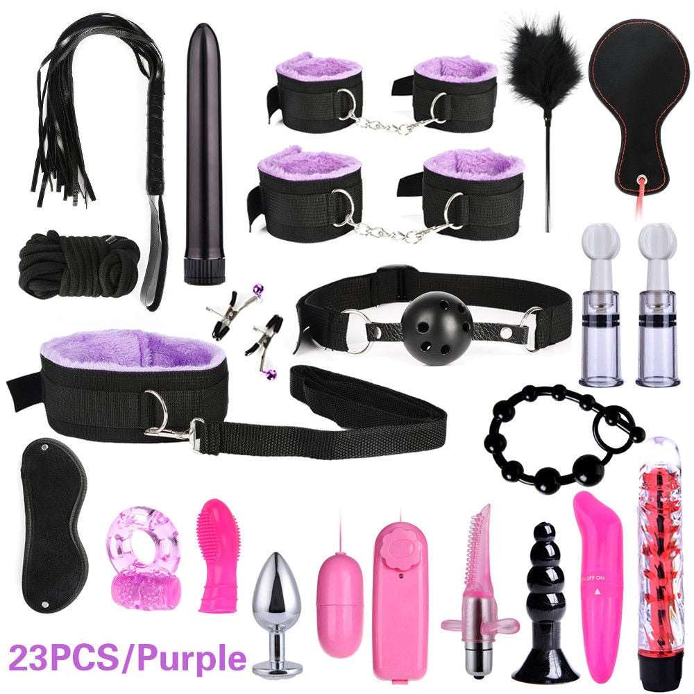 BDSM Kits Adults Sex Toys For Women Men Handcuffs Nipple Clamps Whip Spanking Sex Metal Anal Plug Vibrator Butt Bdsm Bondage Set - NawdeX