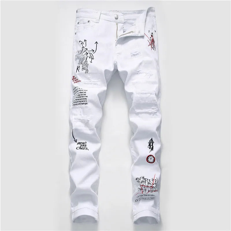 Graffiti Script Ripped White Jeans