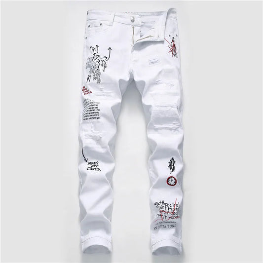 Graffiti Script Ripped White Jeans