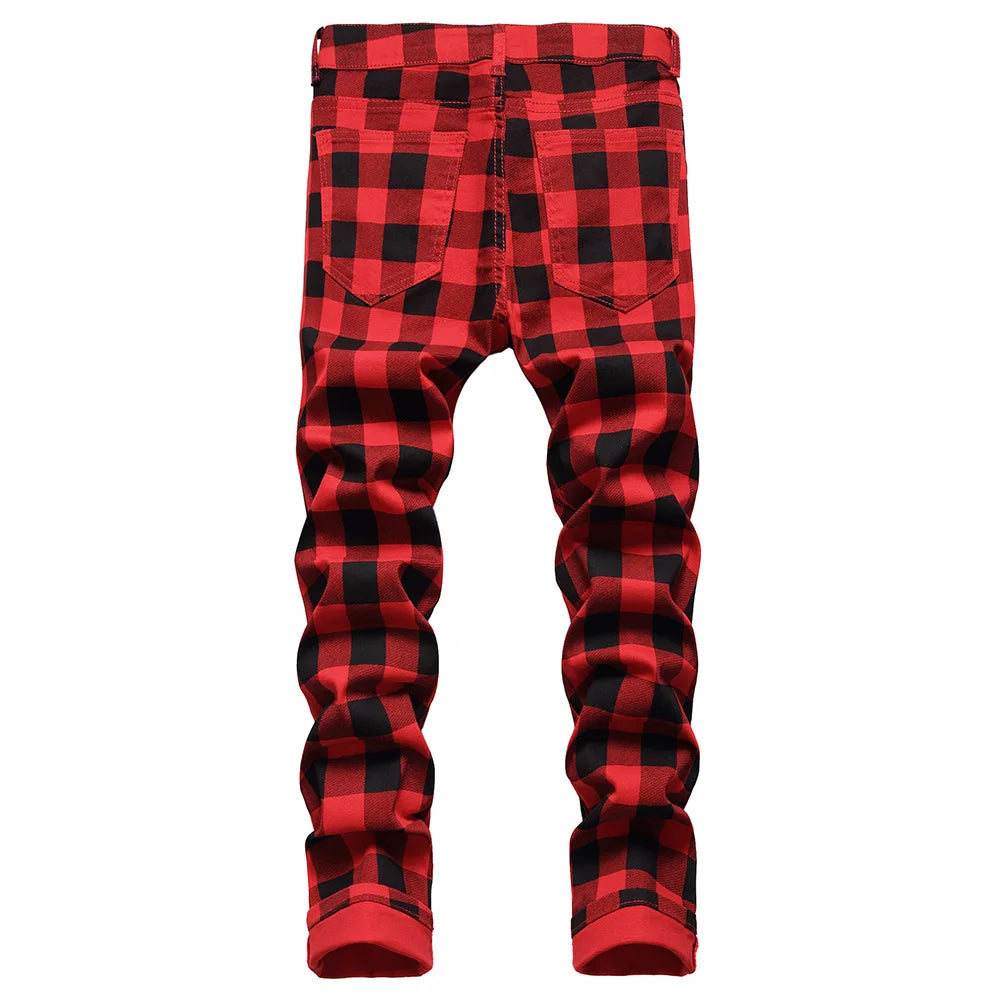 Men Red Plaid Straight leg Trousers