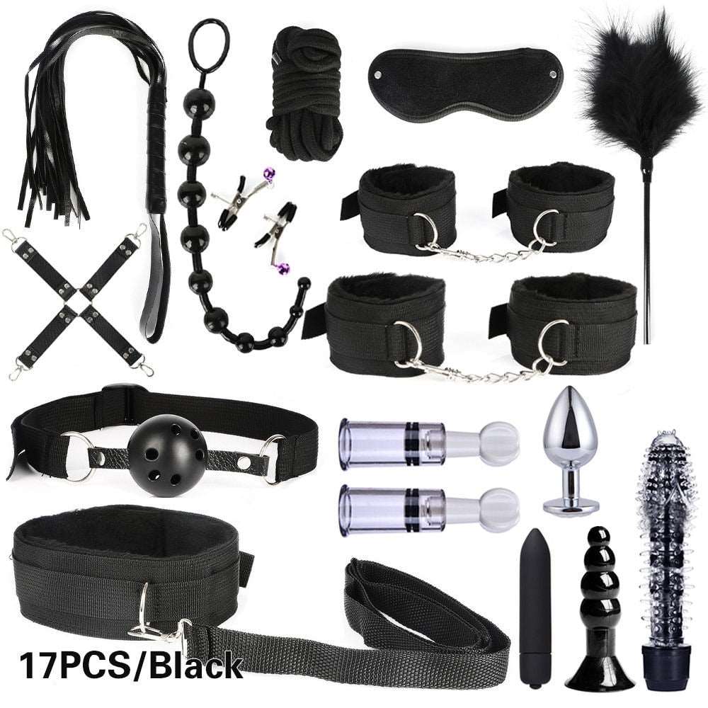 BDSM Kits Adults Sex Toys For Women Men Handcuffs Nipple Clamps Whip Spanking Sex Metal Anal Plug Vibrator Butt Bdsm Bondage Set - NawdeX