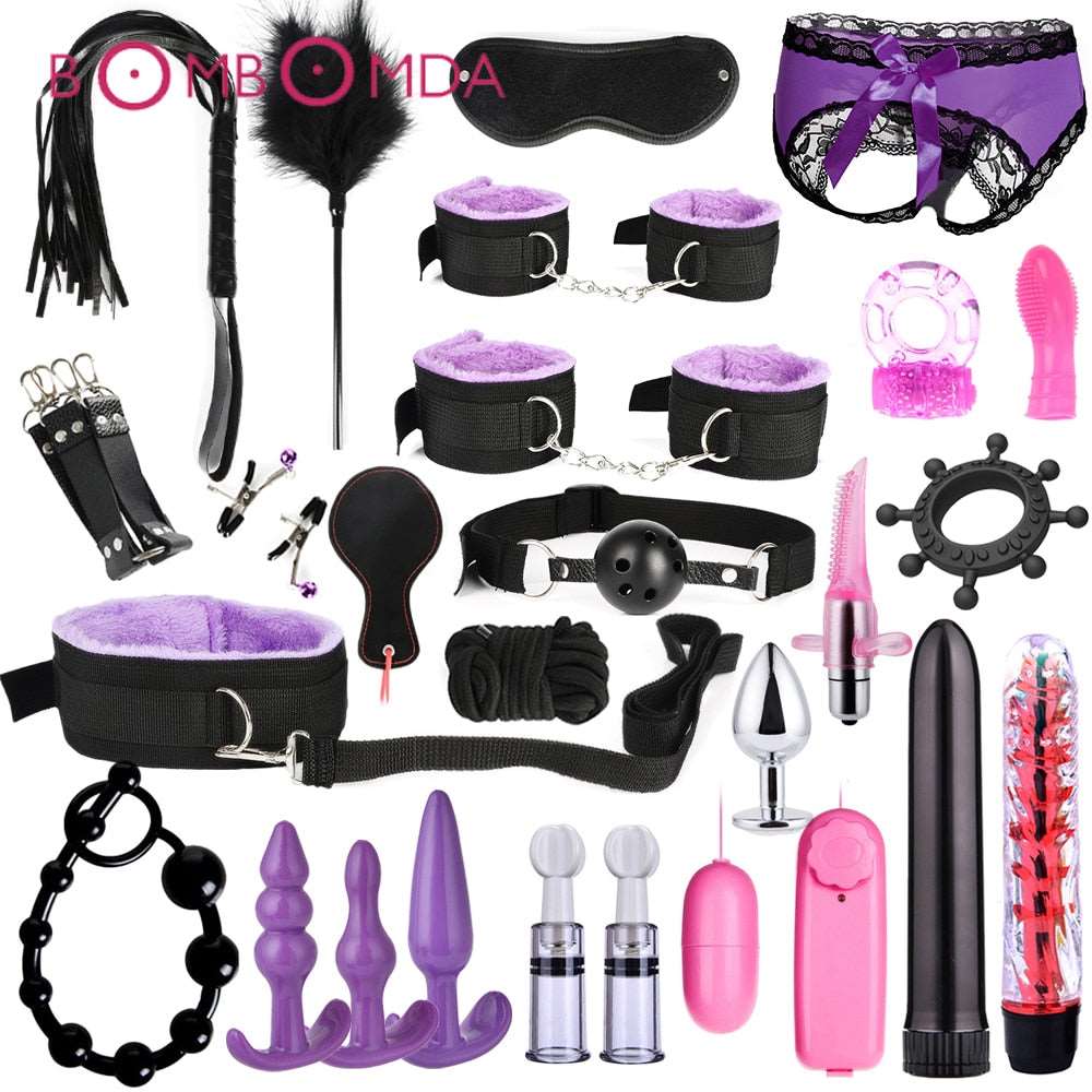 BDSM Kits Adults Sex Toys For Women Men Handcuffs Nipple Clamps Whip Spanking Sex Metal Anal Plug Vibrator Butt Bdsm Bondage Set - NawdeX