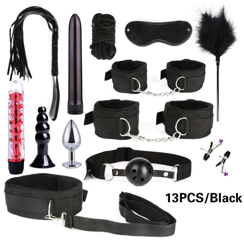 BDSM Kits Adults Sex Toys For Women Men Handcuffs Nipple Clamps Whip Spanking Sex Metal Anal Plug Vibrator Butt Bdsm Bondage Set - NawdeX