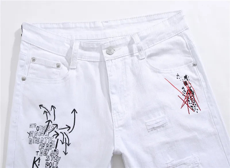 Graffiti Script Ripped White Jeans