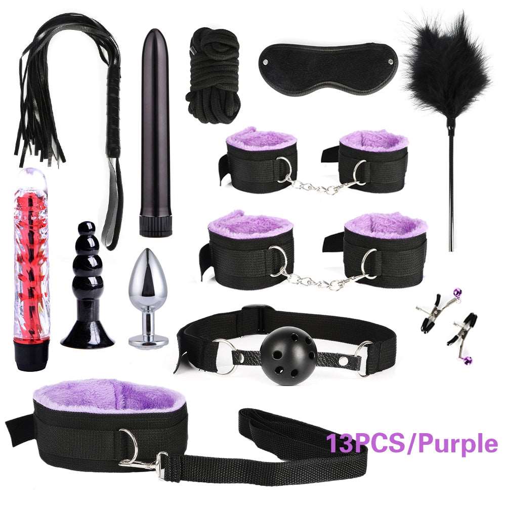 BDSM Kits Adults Sex Toys For Women Men Handcuffs Nipple Clamps Whip Spanking Sex Metal Anal Plug Vibrator Butt Bdsm Bondage Set - NawdeX