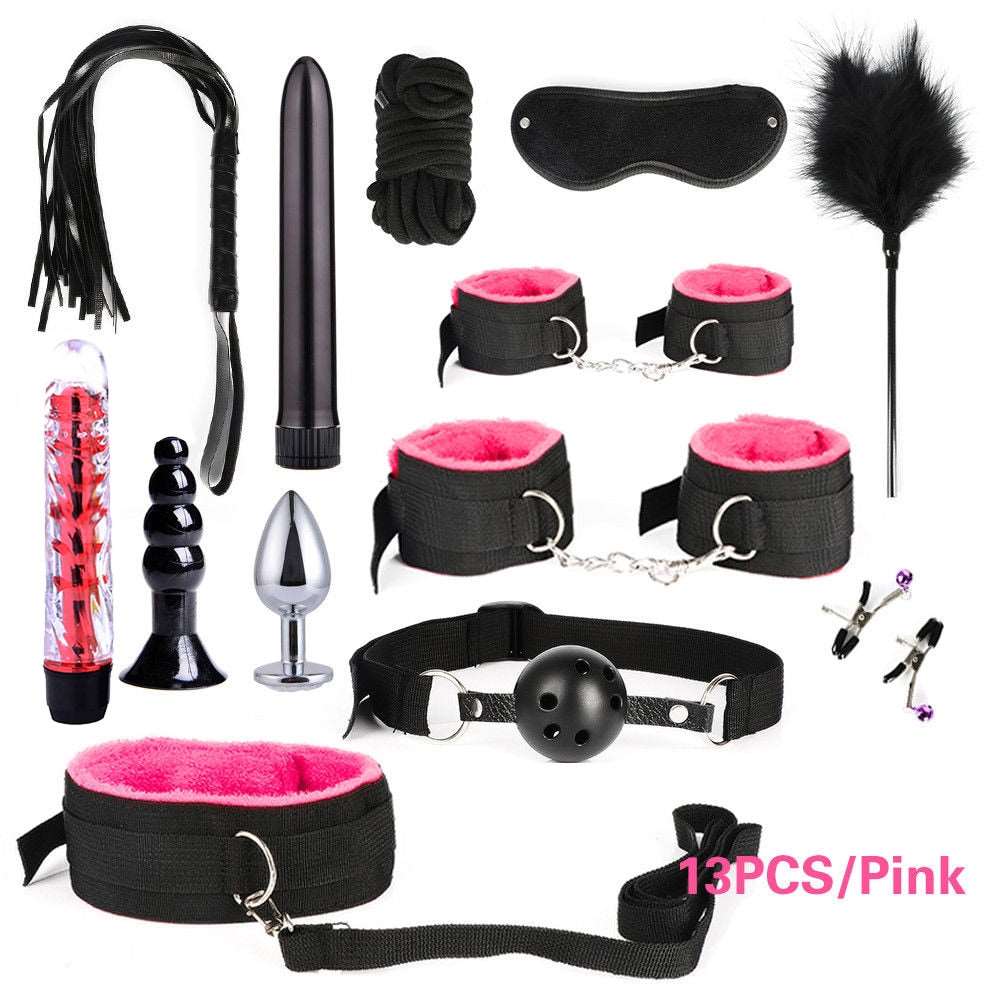 BDSM Kits Adults Sex Toys For Women Men Handcuffs Nipple Clamps Whip Spanking Sex Metal Anal Plug Vibrator Butt Bdsm Bondage Set - NawdeX