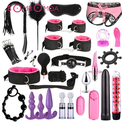 BDSM Kits Adults Sex Toys For Women Men Handcuffs Nipple Clamps Whip Spanking Sex Metal Anal Plug Vibrator Butt Bdsm Bondage Set - NawdeX