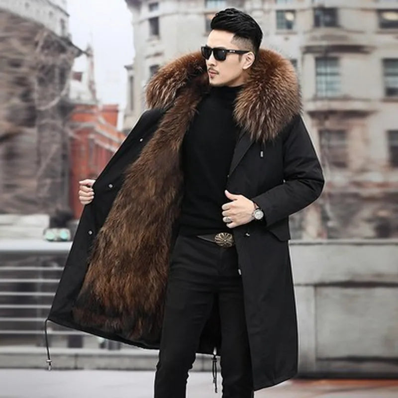 Man Parka Winter Stylish Jacket Long Street wear Russian Real Fox Fur Coat Natural Raccoon Fur Collar Hooded Thick Big and Tall Warm Coat - NawdeX