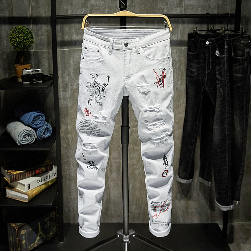 Graffiti Script Ripped White Jeans