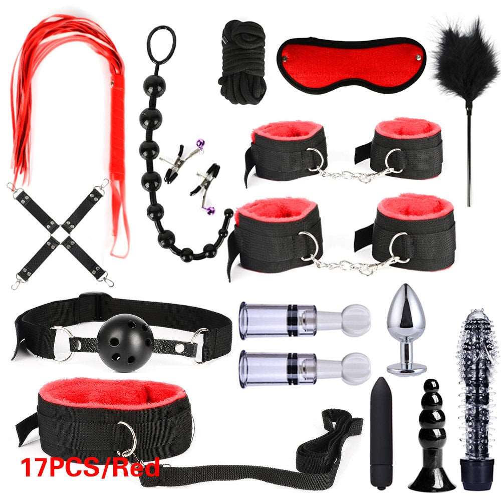 BDSM Kits Adults Sex Toys For Women Men Handcuffs Nipple Clamps Whip Spanking Sex Metal Anal Plug Vibrator Butt Bdsm Bondage Set - NawdeX