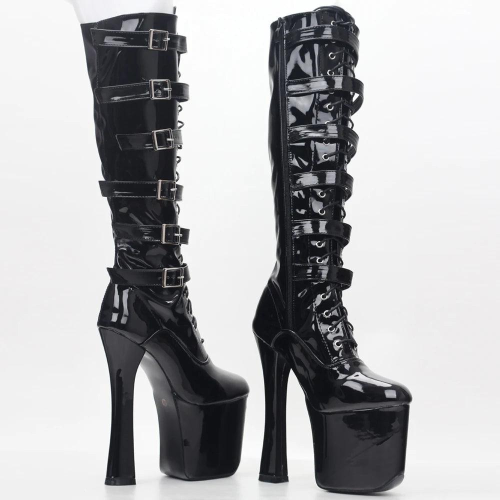 NawdeX Lace Up Buckled High Heel Platform Black patent boots Pole Dance boots high quality High-knee sexy women's boots