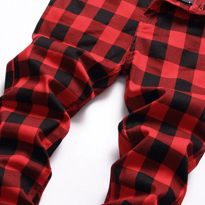 Men Red Plaid Straight leg Trousers