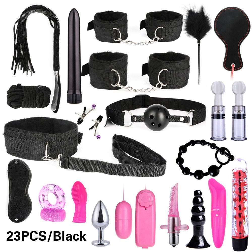 BDSM Kits Adults Sex Toys For Women Men Handcuffs Nipple Clamps Whip Spanking Sex Metal Anal Plug Vibrator Butt Bdsm Bondage Set - NawdeX