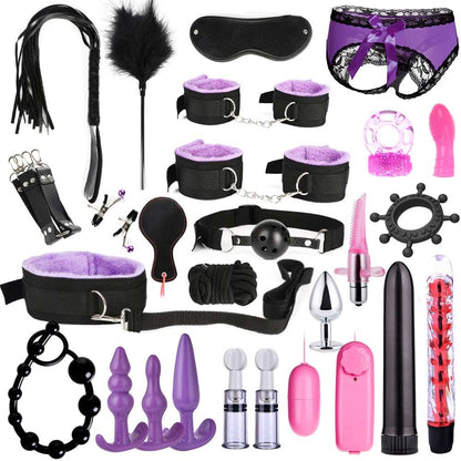 BDSM Kits Adults Sex Toys For Women Men Handcuffs Nipple Clamps Whip Spanking Sex Metal Anal Plug Vibrator Butt Bdsm Bondage Set - NawdeX