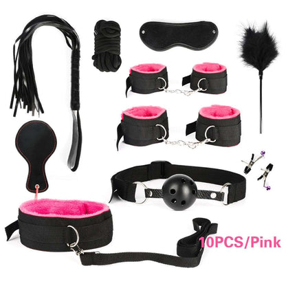 BDSM Kits Adults Sex Toys For Women Men Handcuffs Nipple Clamps Whip Spanking Sex Metal Anal Plug Vibrator Butt Bdsm Bondage Set - NawdeX