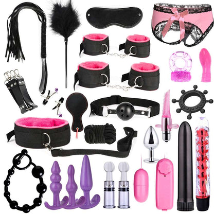 BDSM Kits Adults Sex Toys For Women Men Handcuffs Nipple Clamps Whip Spanking Sex Metal Anal Plug Vibrator Butt Bdsm Bondage Set - NawdeX