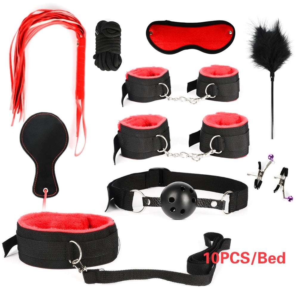 BDSM Kits Adults Sex Toys For Women Men Handcuffs Nipple Clamps Whip Spanking Sex Metal Anal Plug Vibrator Butt Bdsm Bondage Set - NawdeX