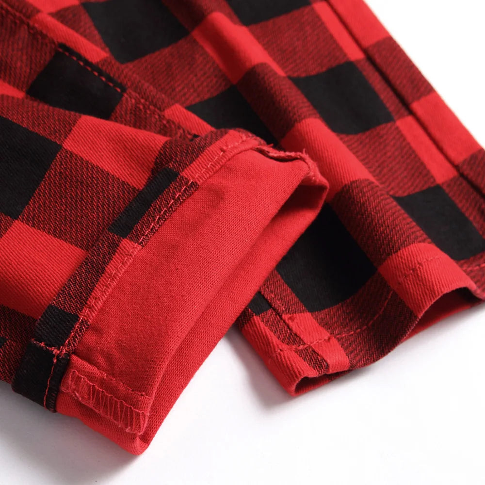 Men Red Plaid Straight leg Trousers