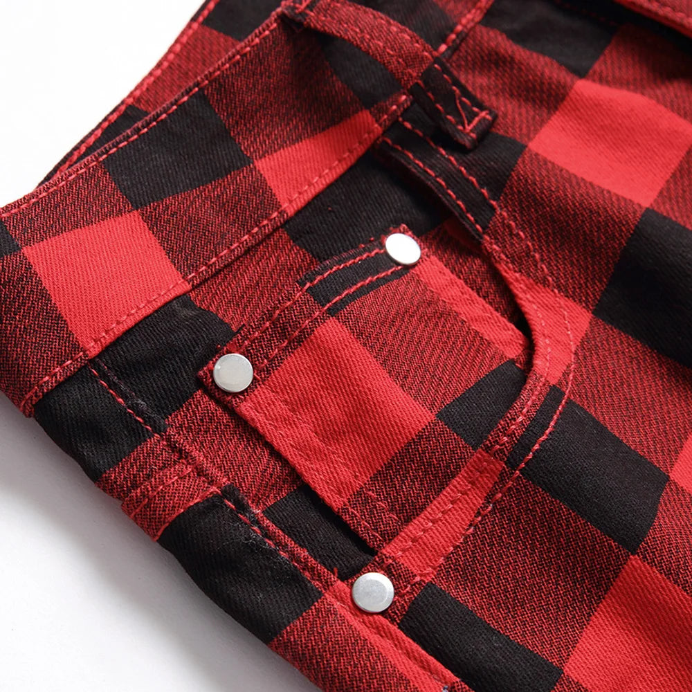 Men Red Plaid Straight leg Trousers