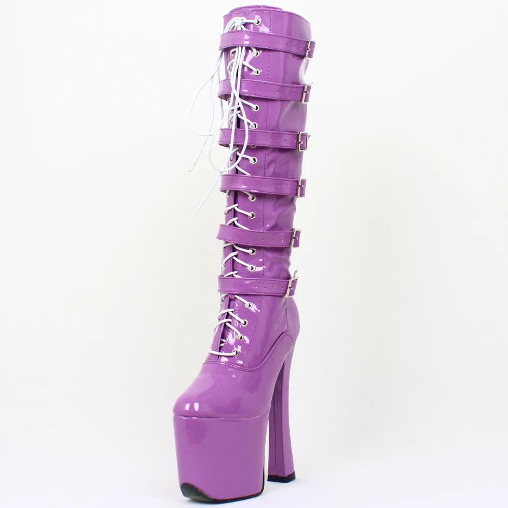 NawdeX Lace Up Buckled High Heel Platform Black patent boots Pole Dance boots high quality High-knee sexy women's boots