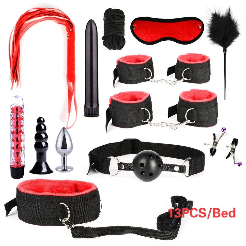 BDSM Kits Adults Sex Toys For Women Men Handcuffs Nipple Clamps Whip Spanking Sex Metal Anal Plug Vibrator Butt Bdsm Bondage Set - NawdeX