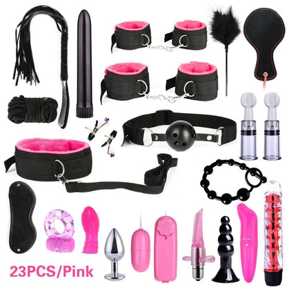 BDSM Kits Adults Sex Toys For Women Men Handcuffs Nipple Clamps Whip Spanking Sex Metal Anal Plug Vibrator Butt Bdsm Bondage Set - NawdeX