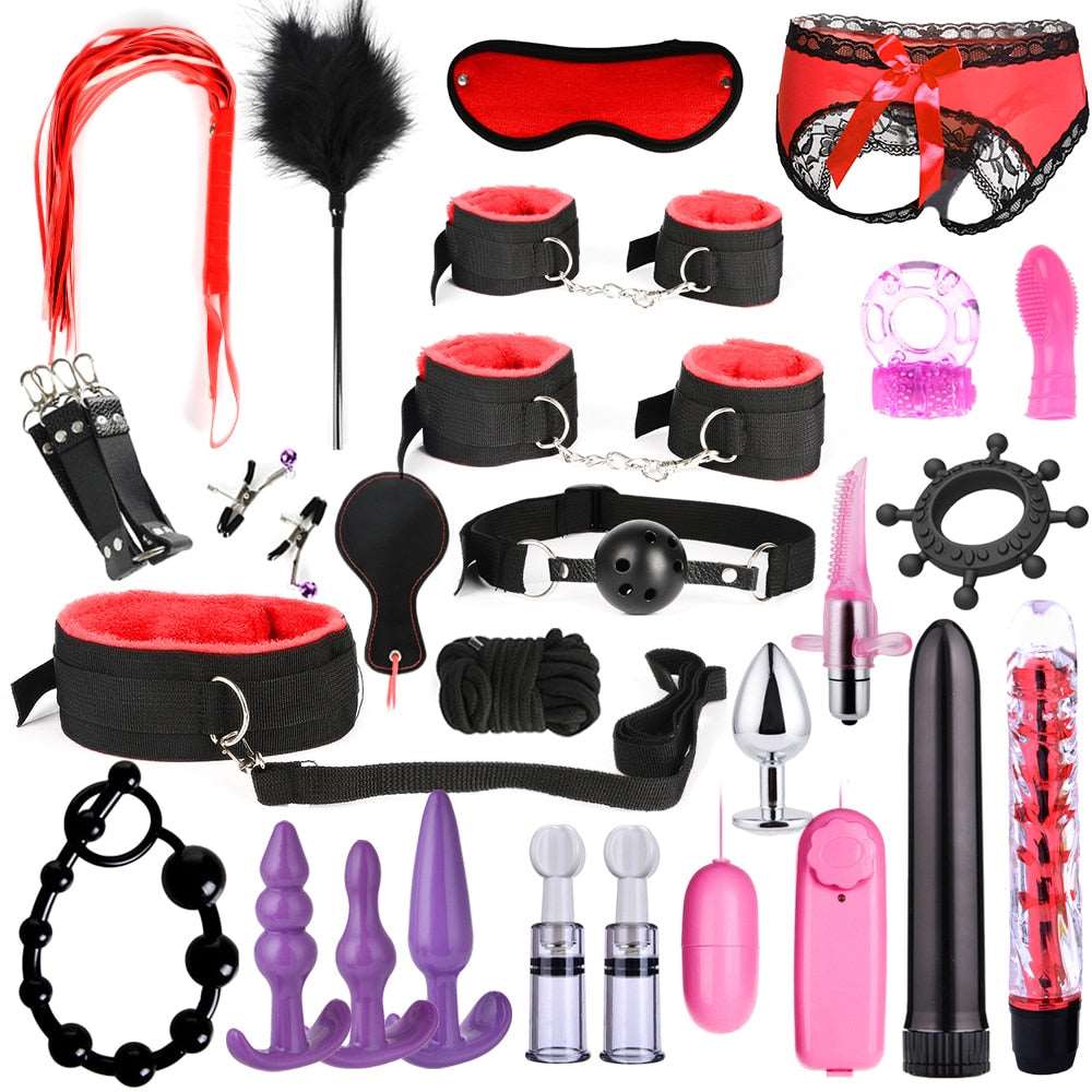 BDSM Kits Adults Sex Toys For Women Men Handcuffs Nipple Clamps Whip Spanking Sex Metal Anal Plug Vibrator Butt Bdsm Bondage Set - NawdeX