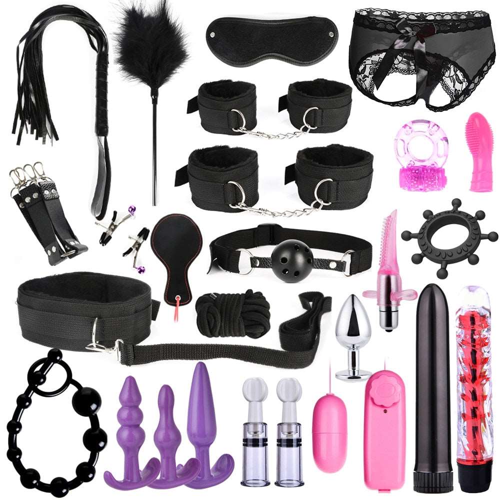 BDSM Kits Adults Sex Toys For Women Men Handcuffs Nipple Clamps Whip Spanking Sex Metal Anal Plug Vibrator Butt Bdsm Bondage Set - NawdeX