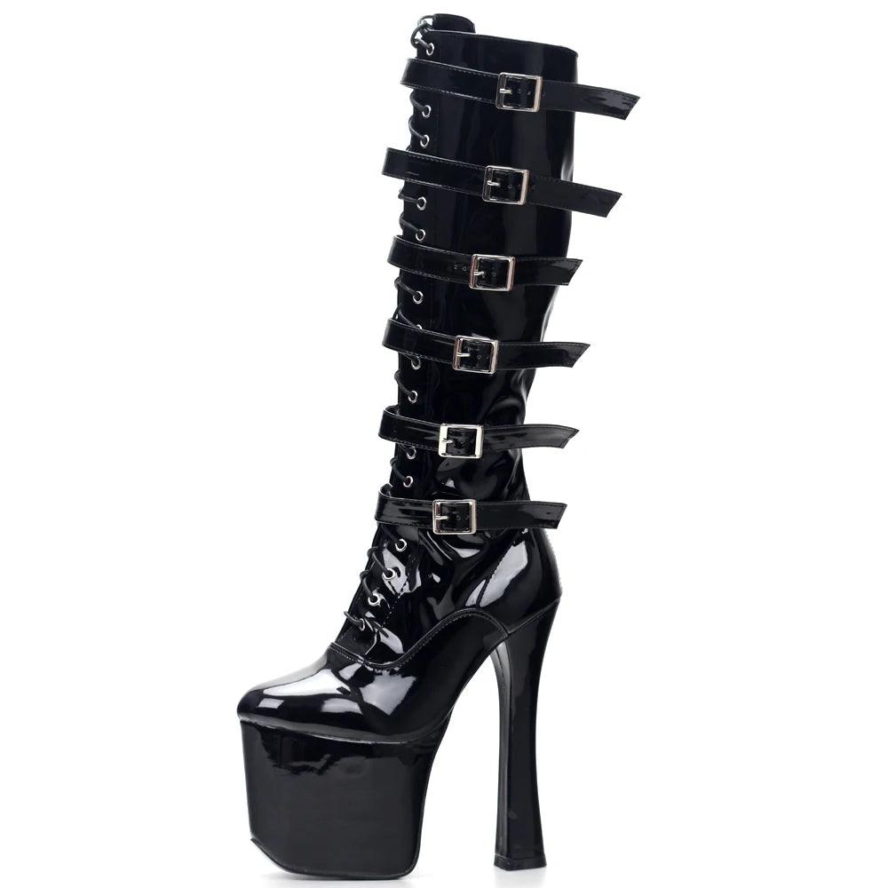 NawdeX Lace Up Buckled High Heel Platform Black patent boots Pole Dance boots high quality High-knee sexy women's boots