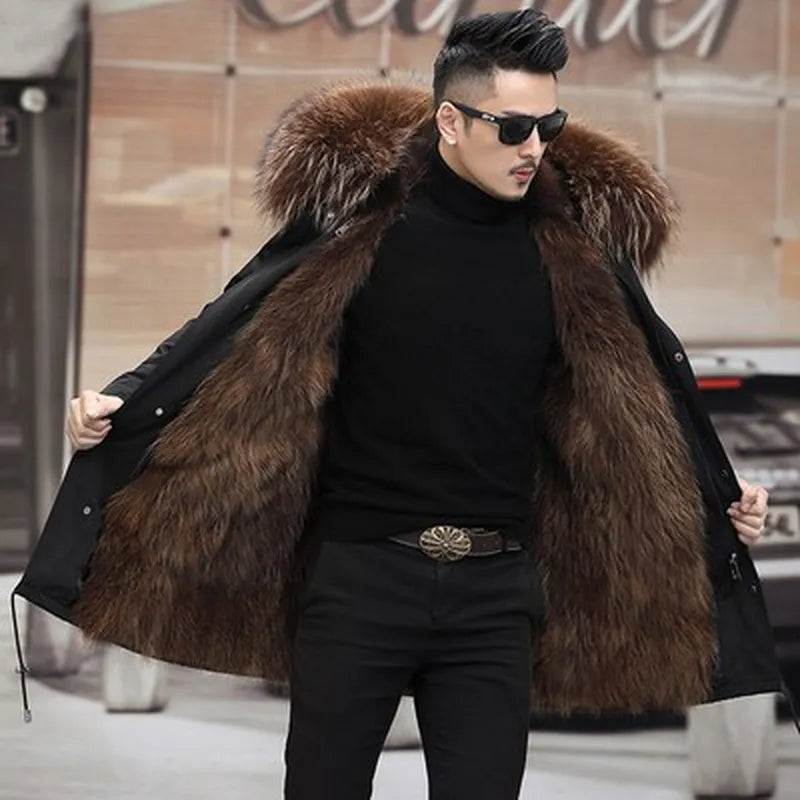 Man Parka Winter Stylish Jacket Long Street wear Russian Real Fox Fur Coat Natural Raccoon Fur Collar Hooded Thick Big and Tall Warm Coat - NawdeX