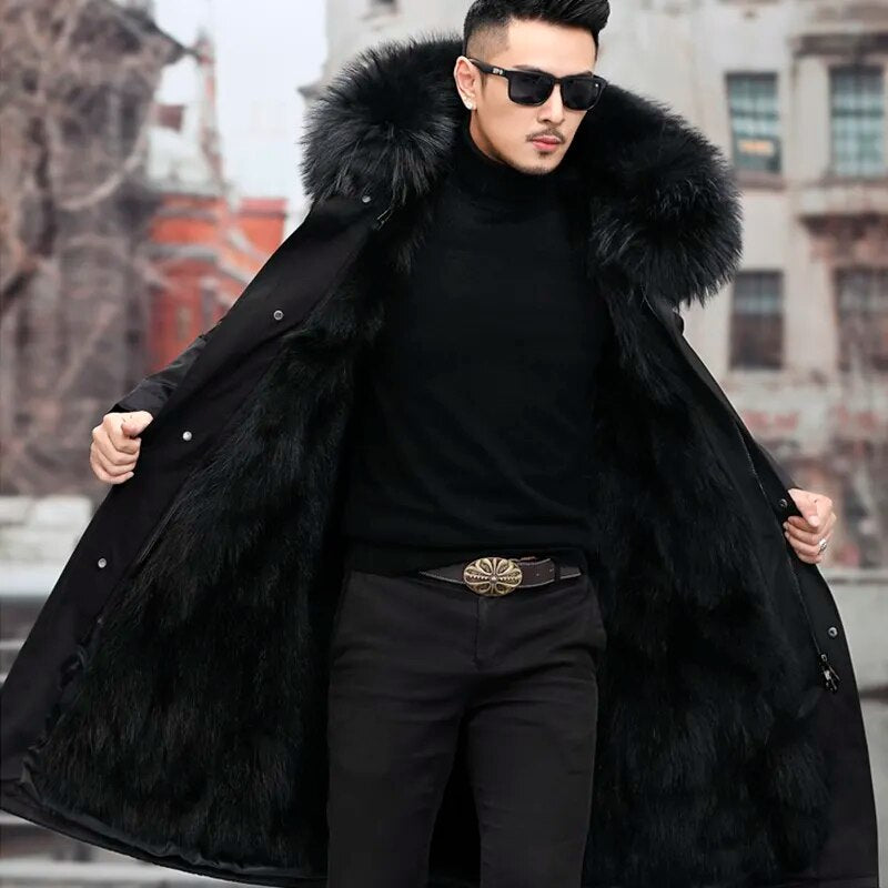 Man Parka Winter Stylish Jacket Long Street wear Russian Real Fox Fur Coat Natural Raccoon Fur Collar Hooded Thick Big and Tall Warm Coat - NawdeX