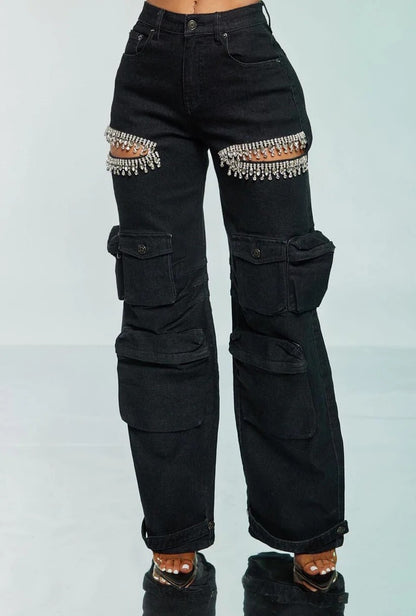 Hollow-out Diamond Stretch Jeans