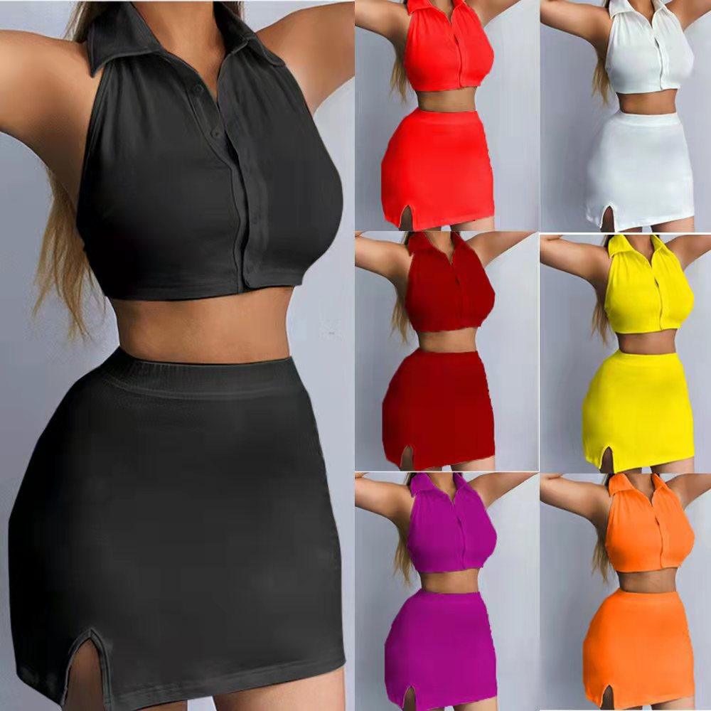 Women's Casual Simple Lace Up Polo Collar Midriff Outfit Skirt