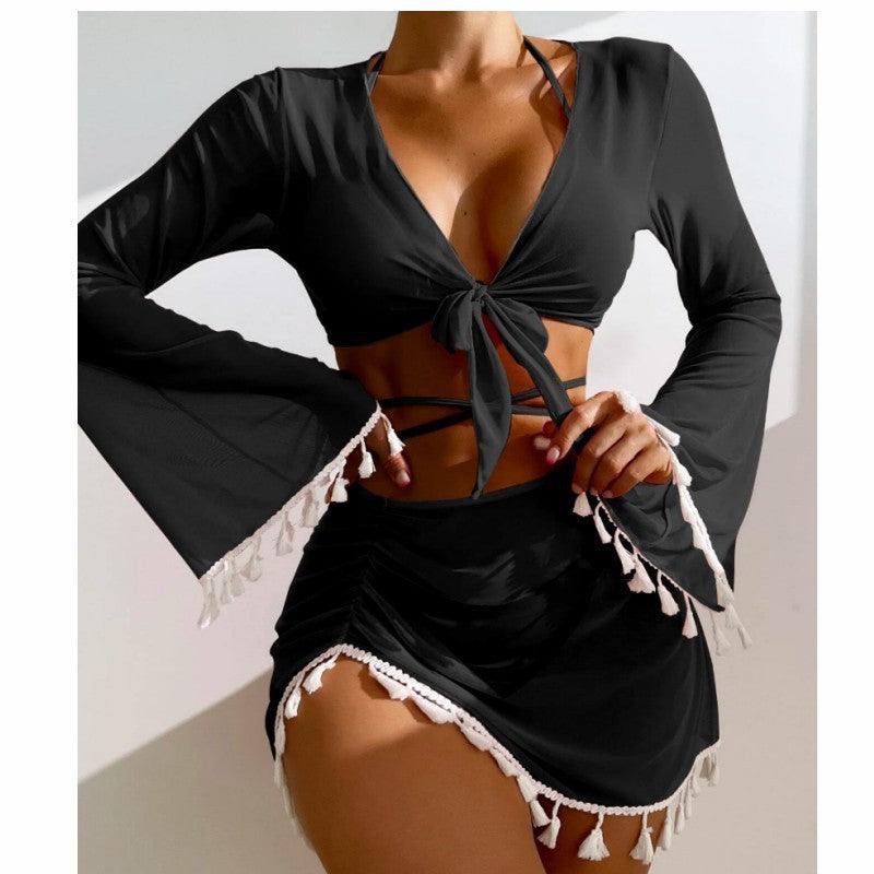 New European And American Conservative Four-piece Solid Color Tassel Blouse Mesh Skirt Bikini Swimsuit For Women