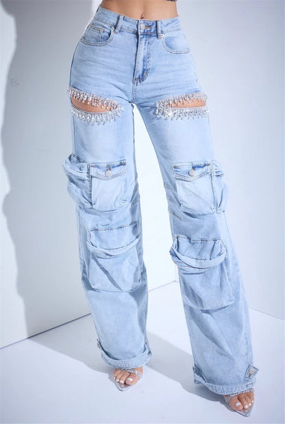 Hollow-out Diamond Stretch Jeans