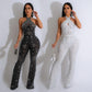 Wear Solid Color Rhinestone Sleeveless Halter Trousers Jumpsuit - NawdeX