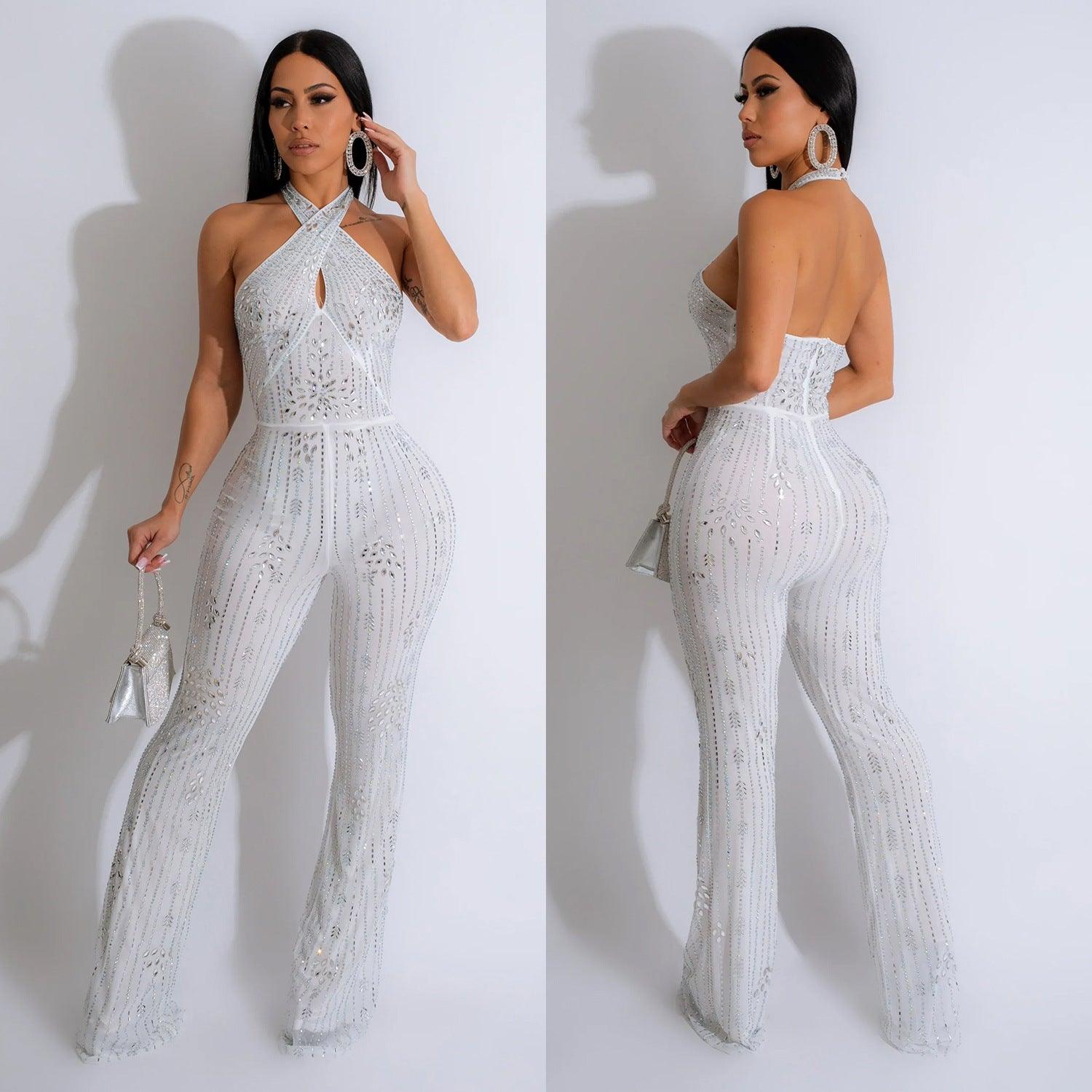 Wear Solid Color Rhinestone Sleeveless Halter Trousers Jumpsuit