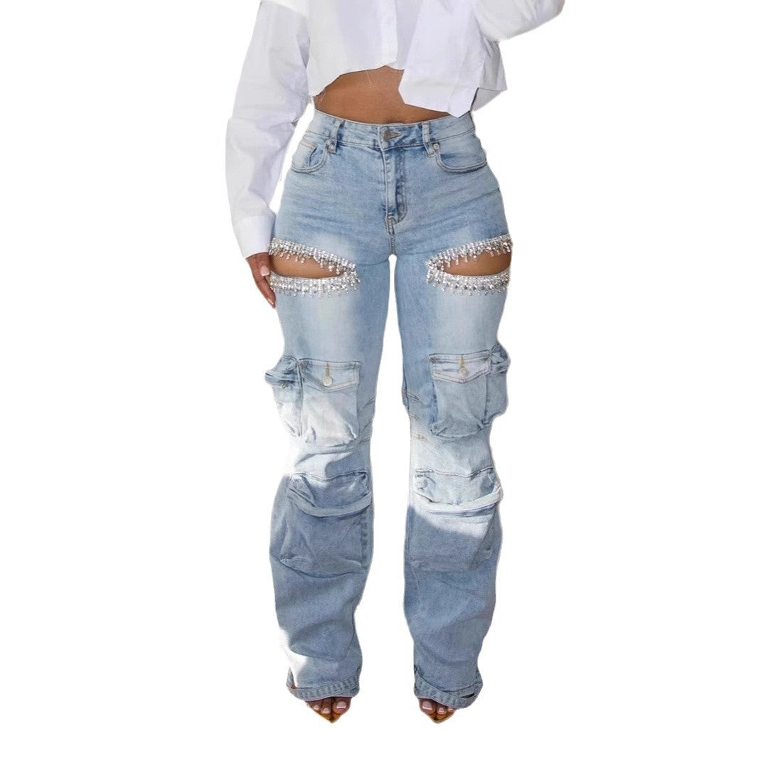 Hollow-out Diamond Stretch Jeans