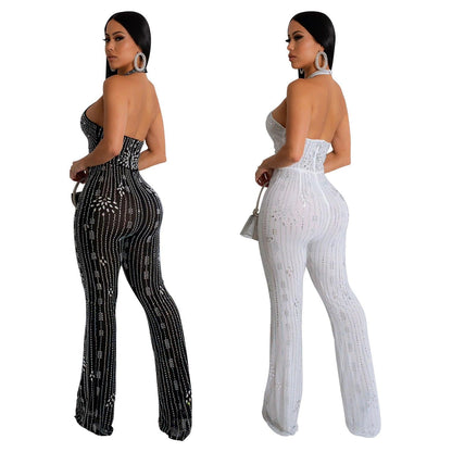 Wear Solid Color Rhinestone Sleeveless Halter Trousers Jumpsuit