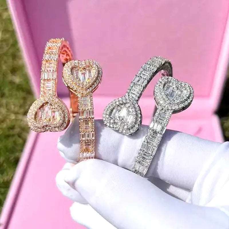 2023 New Iced Out Bling Opened Heart Zircon Charm Bracelet Rectangle AAA CZ Hearts Bangle For Men Women Hiphop Luxury Jewelry - NawdeX