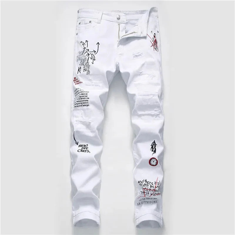 Graffiti Script Ripped White Jeans