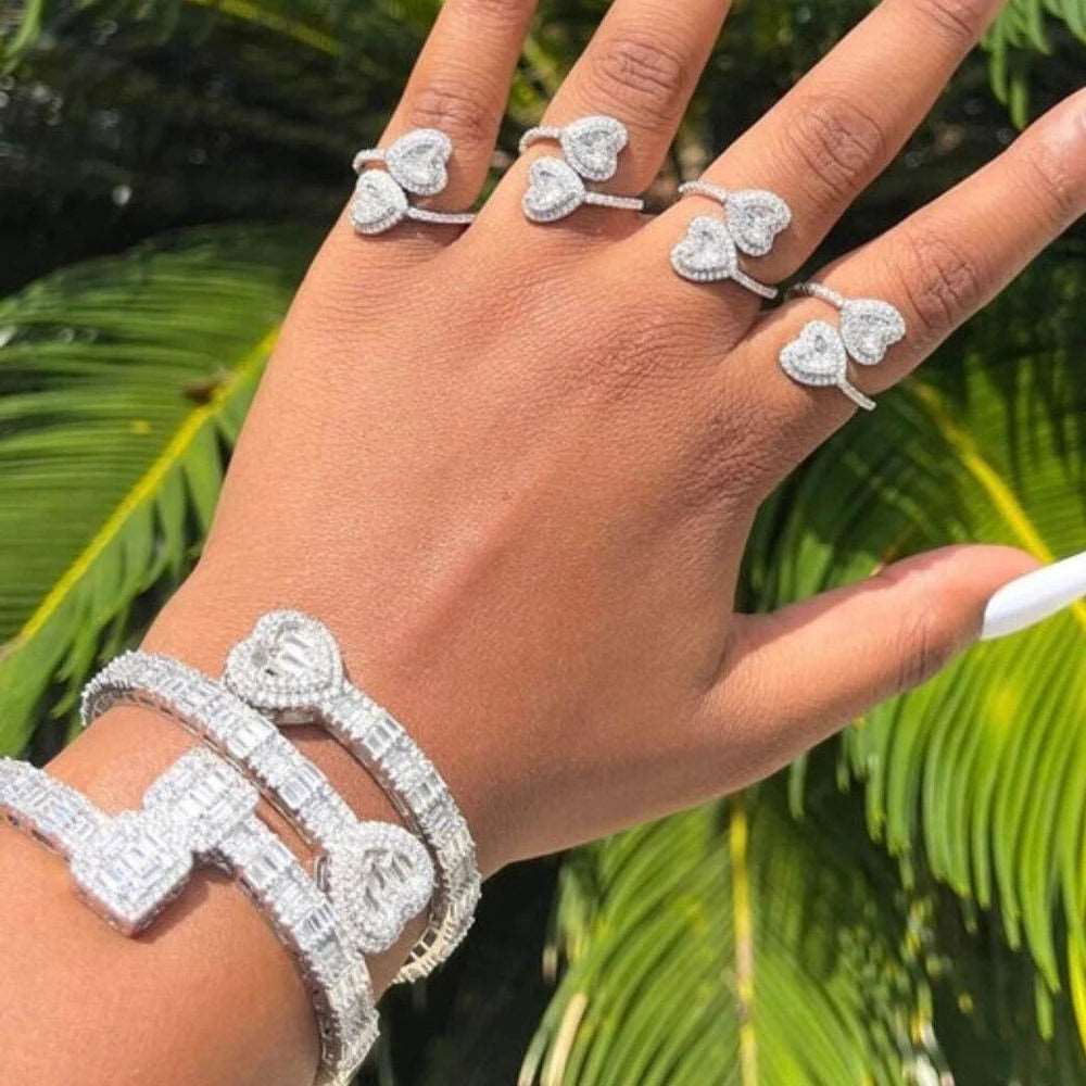 2023 New Iced Out Bling Opened Heart Zircon Charm Bracelet Rectangle AAA CZ Hearts Bangle For Men Women Hiphop Luxury Jewelry - NawdeX