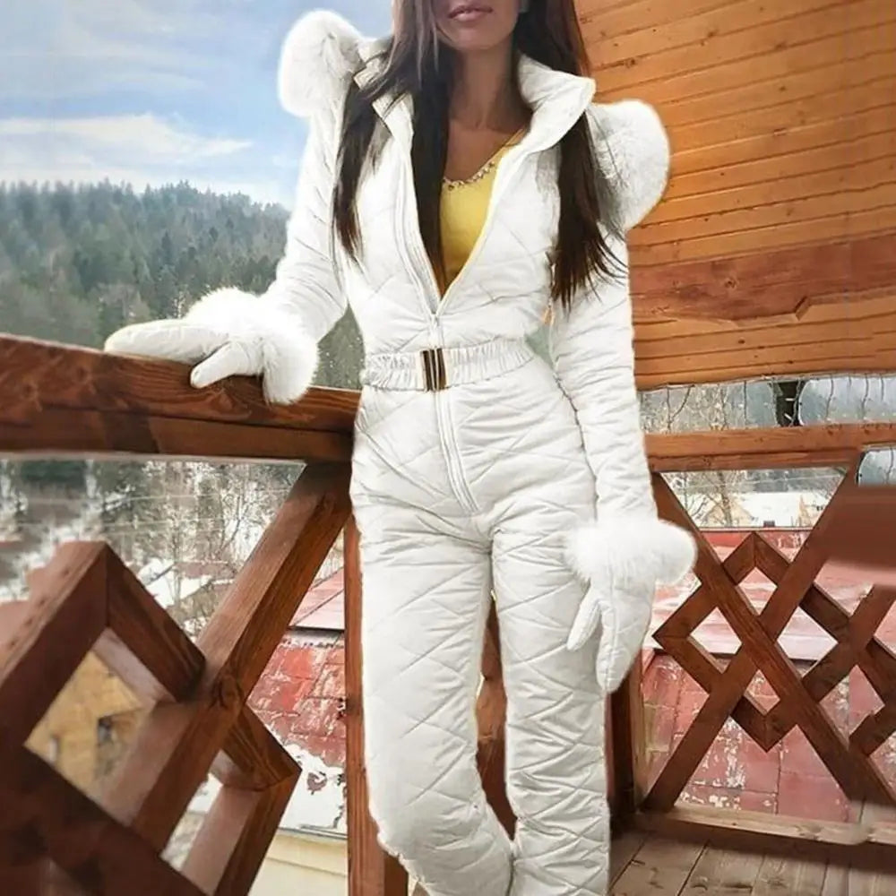 Skiing Zipper Hooded Women Faux Fur Collar Fleece Jumpsuit