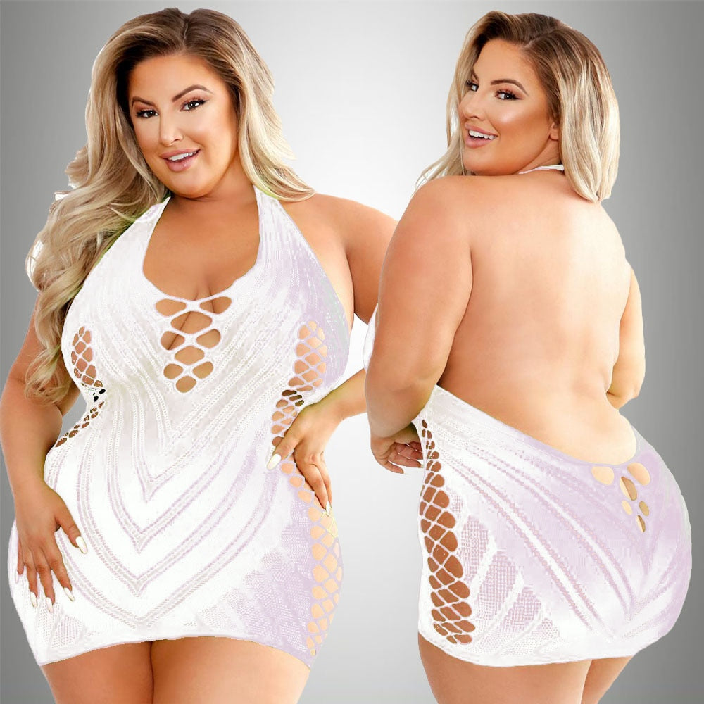 Plus Size Sexy Lingerie One-Piece Bodysuit Women  Set Sheer Rhinestone Underwear Transparent Open Strapless Erotic - NawdeX